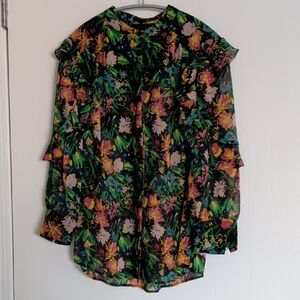 Ted Baker Black Floral Ruffle Blouse with Multicolor Bloom